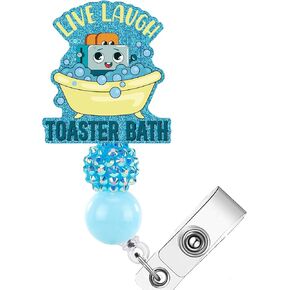 AFRITEE Toaster Bath Badge Holder - Funny Badge Reel Holders, Glitter Easy Clip with Beads for ID Cards, Office Badge Holder Live Laugh Toaster Bath for Nurse Docter Students Hospital
