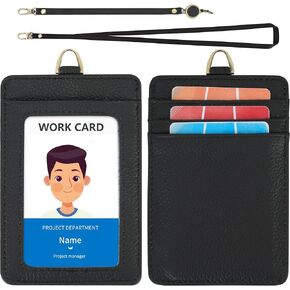 Wason Badge Holder Card Wallet حقيبة جلدية حقيقية مع حبل رقبة قابلة للفصل ، حزام يدوي ، بكرة شارة قابلة للسحب - 5 فتحات بطاقة للطلاب الممرضين المهندسين (الأسود) in Kuwait