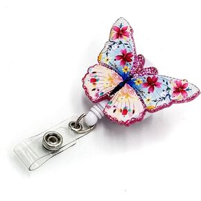 Tian Zhun Spring Badge Reel Retractable, Floral Butterfly Name Tag Badge Holder Acrylic Badge Clip for RN CNA Nurse Nursing Office Teacher