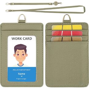 Wason Badge Holder ID Card Wallet Real Leather Case with Detachable Neck Lanyard, Hand Strap, Retractable Badge Reel - 5 Card Slots for Students Teachers Nurses Doctors Engineers (Black)