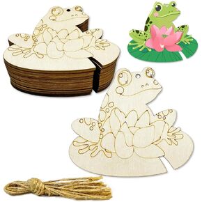 30 Pack 4 Inch Unfinished Wood Frog Shape Animal Craft Wooden Frog Shaped Hanging Ornaments with Hole Hemp Ropes for Easter Spring Party Decoration