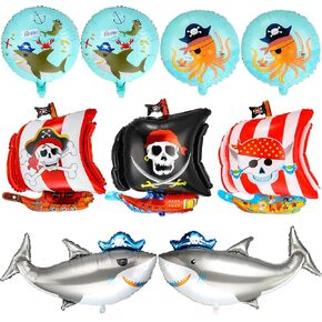 Sumind 9 Pieces Pirate Ship Foil Balloons 18 Inch Round Ocean Animals Shark Skeleton Squid Pattern Balloon for Birthday Party Supplies Decoration