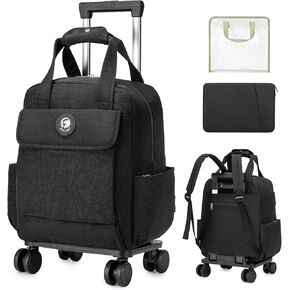 BAGZY Travel Backpack with Wheels Rolling Backpack Carry On Luggage Waterproof Rolling Teacher Bag with Laptop Compartment Briefcase for Women Men Computer Bag with Wheels Rolling 25L Black