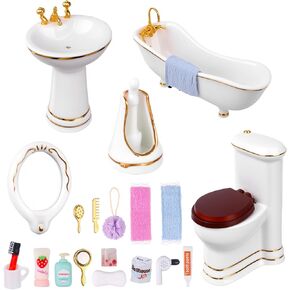 1:12 Dollhouse Miniature Porcelain Bathroom Set 5Pcs White Ceramic Toilet Basin Bathtub Mirror Miniature Furniture with 15Pcs Doll Accessories Comb,Bathball,Water Cup,Toothbrush Toothpaste