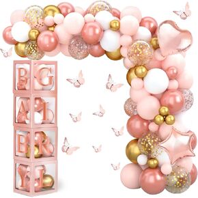 Rose Gold Baby Shower Decorations for Girl - Rose Gold Retro Blush Pink Balloon Arch Garland Kit with Baby Balloon Boxes,Butterfly Stickers for Baby Shower Backdrop Decor, Girl Birthday