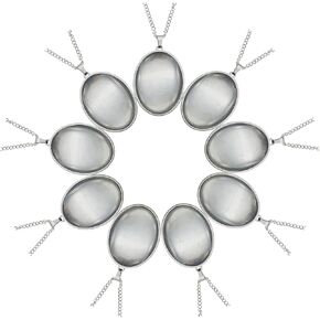 Julie Wang 10 Sets Oval Stainless Steel Bezel Tray Blank Pendant with Glass Cabochons and Chain for Resin Photo Jewelry Necklace Making 40x30mm