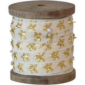 Creative Co-Op 10-Yard Fabric Ribbon on Wood Spool with Metallic Stars, Natural and Gold