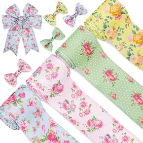 Whaline Vintage Floral Wired Edge Ribbon Spring Rose Flower Ribbons 4 Rolls Summer Floral Fabric Decorative Craft Ribbon for Mother's Day Gift Wrapping Decor Bow Sewing Wreath Crafts, 20 Yard x 2.5 in