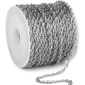 33 Feet Stainless Steel Twisted Cable Link Chains Roll, 2.5mm Width 304 Stainless Steel Double Links Rope Chain Bulk Spool for Jewelry Making DIY Craft