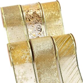 Ribbli Gold Glitter Christmas Ribbon - Wired, for Tree, Crafts, Gift Wrapping - 2.5 Inch x 6 Rolls, 36 Yards Total