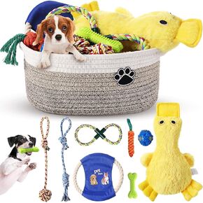 Zopeal Puppy Dog Gift Storage Basket with Dog Toys Set Chew Toys Birthday Gift Basket Teething Interactive Squeaky Plush Duck for Teething Small Medium Dogs(Khaki)