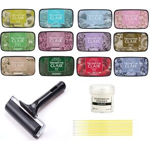 Tsukineko Versafine Clair Bundle - 12 Tsukineko Versafine Clair Ink Pads, Released 2024, with Ranger Clear Embossing Powder, Rubber Roller Brayer and Trebbies Detail Sticks