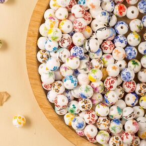 ToBeIT 100pcs Ceramic Beads Flower Decal Spacer Beads Chinese Handmade Spacer Beads for Jewelry Making（10mm）