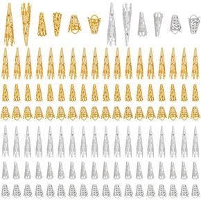 PH PandaHall 120pcs 3 Shapes Long Flower Bead Caps Filigree Bead Caps, Hollow Flower End Cap Metal Cones Spacer Beads for Jewelry Making Bracelet Necklace DIY Crafts, Golden & Silver
