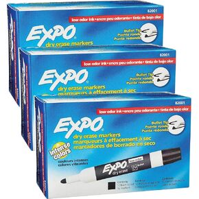 EXPO 82001 Low-Odor Bullet Black Dry Erase Markers For Use On Whiteboards, Glass and Non-porous Surfaces; Ideal for Classrooms, Offices and Homes, 3 Packs of 12 Markers (36 Markers Total)