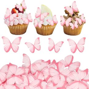 60PCS Wafer Paper Butterflies Cupcake Toppers, Pink Edible Butterflies for Cake Decorating, Edible Cupcake Decorations for Birthday Cake Decorations Anniversary Wedding Baby Shower