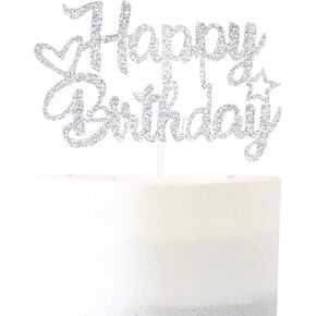 Silver Glitter "Happy Birthday" Cake Topper - Glitter Paper & Stick - Ready to Use