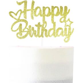 Gold Glitter "Happy Birthday" Cake Topper - Glitter Paper & Stick - Ready to Use