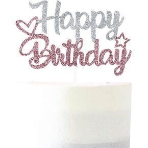 Rose Gold & Silver Glitter "Happy Birthday" Cake Topper - Glitter Paper & Stick - Ready to Use