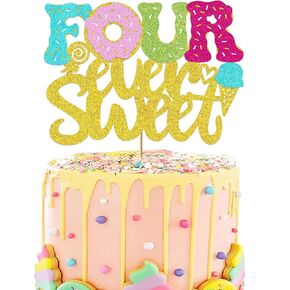 Donut Four Ever Sweet Cake Topper- Glitter 4th Birthday Decoration for 4 years old girl Baby Shower Birthday Party Supplies