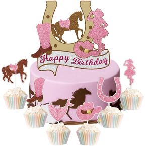 7pcs Cowgirl Birthday Cake Topper - Pink Party Decorations Set. Cowboy Themed Wild West Rodeo Party With Horseshoes, Boots, Scarf Decorations
