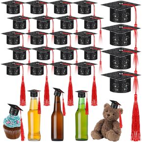 24 Pieces Mini Graduation Cap with Tassels Wine Bottle Topper Glitter Hats Grad Hat Cake Graduation Bottle Cap Cover for Graduated Party Table Decorations(White Hat,Yellow Tassel)