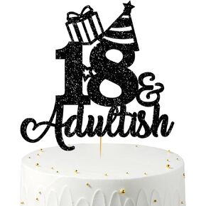 18 & Adultish Cake Topper Black Glitter, Happy 18th Birthday Cake Topper, 18 Birthday Decorations, Happy 18th Birthday Decorations for Boys Men Girls