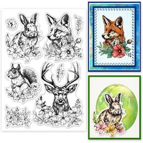 INFUNLY Animals Elk Clear Stamps for Card Making 6.3x4.3 Reusable Flower Bunny Silicone Stamp Fox Squirrel Transparent Seal Stamps for Decoration and DIY Scrapbooking Album Paper Crafts
