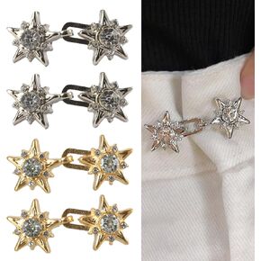 8 Sets Adjustable Waist Tightener Buttons – No-Sew Rhinestone Star Jeans Waist Pins ，Detachable Star Clip Buckles for Pants/Skirt – Fix Loose, Silver & Gold