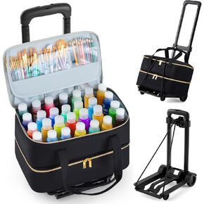 Abbylike Acrylic Paint Organizer Double Layer Bag with Foldable Cart - 56 Shockproof Foam Slots for 2oz Bottles, Portable Art Supply Storage Case for Travel Friendly Artists, Black
