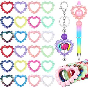 Ferreve 24 Pcs 42 mm Acrylic Focal Frame Circle Loop with 2 Holes for DIY Beaded Pen Keychain Focal Bead Loop for Pen Jewelry Making Bracelet Car Necklace Craft Hanging (Colorful,Heart)