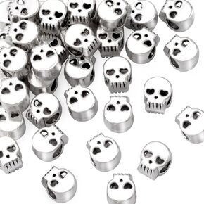 20pcs 0.55 Inch Skull Beads for Jewelry Making, Alloy Macroporous Skeleton Spacer Beads, Halloween Mini Skull Charms Accessories for DIY Bracelet Necklace Earring Keychains- Silver