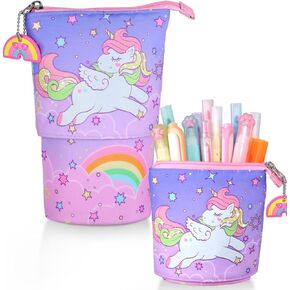 Standing Pencil Case for Kids - Back to School Stuff, Unicorn Telescopic Zipper Pencil Case Aesthetic, Large Capacity Stand up Pen Bag, Portable Pen Holder, Study Supplies for Students
