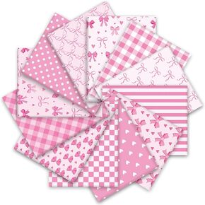 12Pcs Bow Cotton Fabric Bundles 18 x 22 Inch Plaid Dot Stripe Heart Bow Fat Quarters Black Milky White Sewing Fabrics for DIY Craft Party Decor