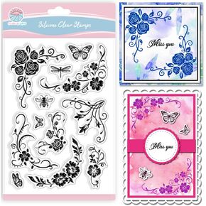 GLOBLELAND Spring Flower Corner Clear Stamps for Scrapbooking Dragonfly Bee Lace Silicone Stamps Insect Butterfly Coner Border Transparent Stamp for Card Making DIY Embossing Journaling