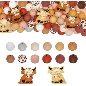 100Pcs Highland Cow Silicone Beads Animal Shaped Beads Brown White Loose Cow Printed Bead Colorful Flat Round Beads 15mm for DIY Keychain Bracelet Necklace Jewelry Making