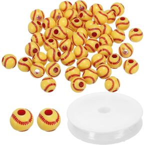 PATIKIL 12mm Acrylic Softball Beads Bulk, 50 Pack Sports Ball Beads Bulk Round Sports Spacer Beads with 4.4 Yard Elastic Rope for DIY Crafts Bracelet Necklace Making, Yellow Red