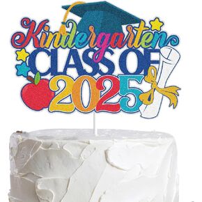 LINGBOOM Kindergarten Class of 2025 Graduation Cake Topper (04) - 1 Count, 7x8 Inches, Black Gold Premium Glitter Card Materials