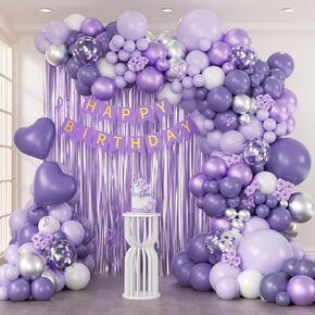 Purple Birthday Decorations for Women with Metallic Silver White Lavender Purple Balloons Banner Fringe Curtains for Lavender Happy Birthday Decorations