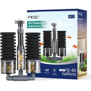 Aquarium Filter, Air-Powered Dual Sponge Fish Tank Filter with Ultra-Quiet Multi-Stage Filtration, 360° Adjustable Water Outlet, Air Stone Dissolved Oxygen (M (15-40Gallon))