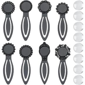 SUNNYCLUE 1 Box 16Pcs DIY 8 Sets Cabochon Bookmarks,Bookmark Bezel Tray 8Pcs Book Mark Blanks with 8Pcs Glass Cabochons Sun Flower Leaf Black Metal Book Marks for Crafting Reading Gift Supplies