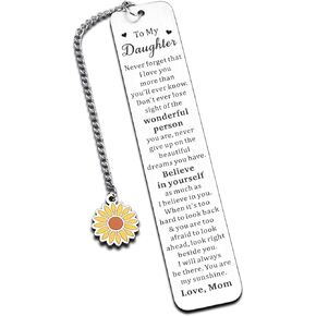 Sunflower Bookmark for Daughter, Motivational Gift from Mom, Yellow Stainless Steel, 1 Piece