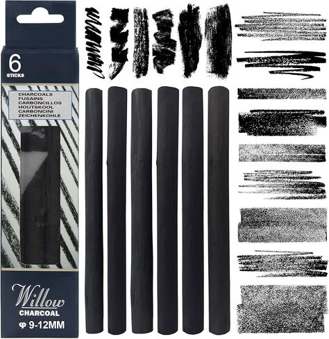 ويلو فحم العصي ، وأقلام الفحم جمبو الصفصاف للفنانين والمبتدئين والطلاب وعصا الفحم الطبيعية للرسم والرسم والتظليل (9-12 ملم | 6 عصي) in Kuwait