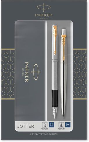 مجموعة هدايا باركر Jotter Duo مع قلم قلم وقلم النافورة ، الفولاذ المقاوم للصدأ مع القطع الذهبية ، إعادة ملء الحبر الأزرق والخراطيش ، صندوق الهدايا in Saudi Arabia