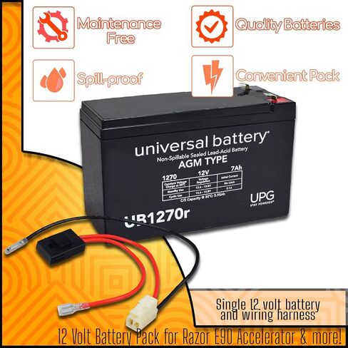 AlveyTech 12 Volt Battery Pack for Razor Power Core E90/90/E95/E90 Glow & E90 Accelerator Scooters (7 Ah, with Harness) - Replacement Single Premium Rechargeable AGM Battery with Wiring Harness in Saudi Arabia