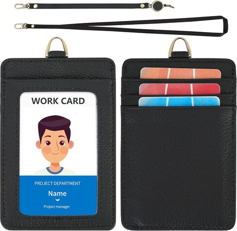 Wason Badge Holder ID Card Wallet Real Leather Case with Detachable Neck Lanyard, Hand Strap, Retractable Badge Reel - 5 Card Slots for Students Teachers Nurses Doctors Engineers (Black) in Kuwait