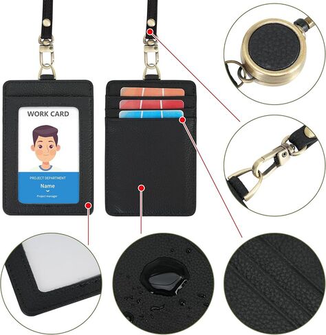Wason Badge Holder ID Card Wallet Real Leather Case with Detachable Neck Lanyard, Hand Strap, Retractable Badge Reel - 5 Card Slots for Students Teachers Nurses Doctors Engineers (Black) in Kuwait