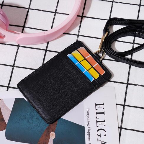 Wason Badge Holder ID Card Wallet Real Leather Case with Detachable Neck Lanyard, Hand Strap, Retractable Badge Reel - 5 Card Slots for Students Teachers Nurses Doctors Engineers (Black) in Kuwait