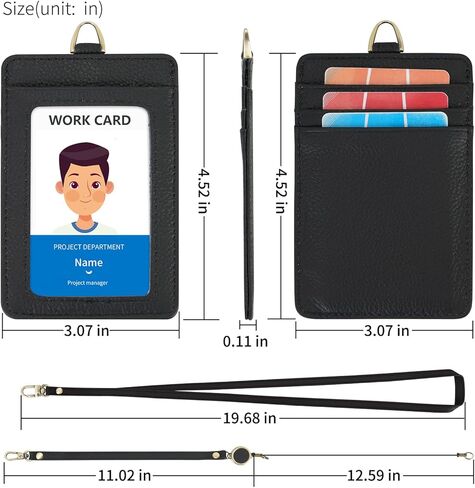 Wason Badge Holder ID Card Wallet Real Leather Case with Detachable Neck Lanyard, Hand Strap, Retractable Badge Reel - 5 Card Slots for Students Teachers Nurses Doctors Engineers (Black) in Kuwait