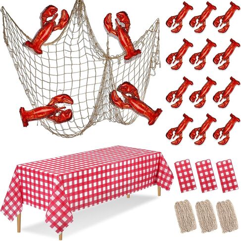 6 Pcs Crawfish Boil Party Supplies Includes Lobster Balloons Crawfish Tablecloth Fish Net Decorative Aluminum Foil Balloons for Nautical Themed Birthday Party Decoration in Saudi Arabia